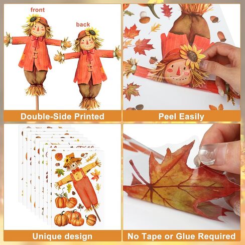 9 Sheets Fall Scarecrow Window Clings Thanksgiving Pumpkin Maple Leaves Window Decals Double-Sided Fall Leaves Scarecrow Windows Clings for Autumn Harvest Thanksgiving School Office Home Glass Decor in Saudi Arabia