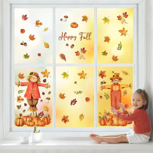 9 Sheets Fall Scarecrow Window Clings Thanksgiving Pumpkin Maple Leaves Window Decals Double-Sided Fall Leaves Scarecrow Windows Clings for Autumn Harvest Thanksgiving School Office Home Glass Decor in Saudi Arabia
