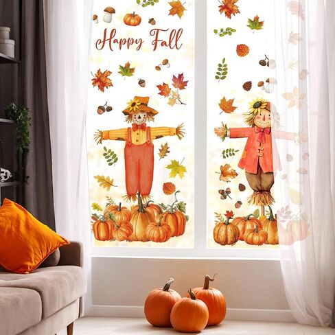 9 Sheets Fall Scarecrow Window Clings Thanksgiving Pumpkin Maple Leaves Window Decals Double-Sided Fall Leaves Scarecrow Windows Clings for Autumn Harvest Thanksgiving School Office Home Glass Decor in Saudi Arabia