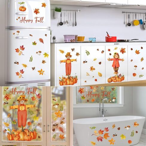 9 Sheets Fall Scarecrow Window Clings Thanksgiving Pumpkin Maple Leaves Window Decals Double-Sided Fall Leaves Scarecrow Windows Clings for Autumn Harvest Thanksgiving School Office Home Glass Decor in Saudi Arabia