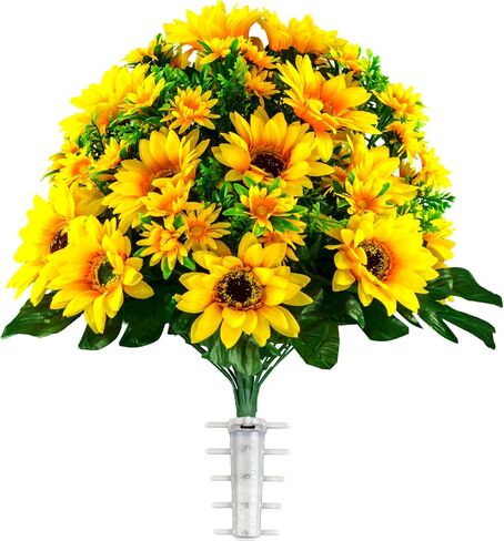 Sympathy Silks Artificial Cemetery Flowers - Realistic Vibrant Sunflowers Outdoor Grave Decoration - Yellow Sunflower Bouquet for Cemetery in Saudi Arabia
