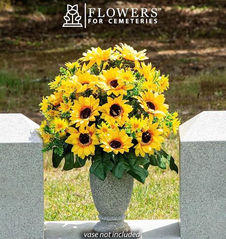 Sympathy Silks Artificial Cemetery Flowers - Realistic Vibrant Sunflowers Outdoor Grave Decoration - Yellow Sunflower Bouquet for Cemetery in Saudi Arabia