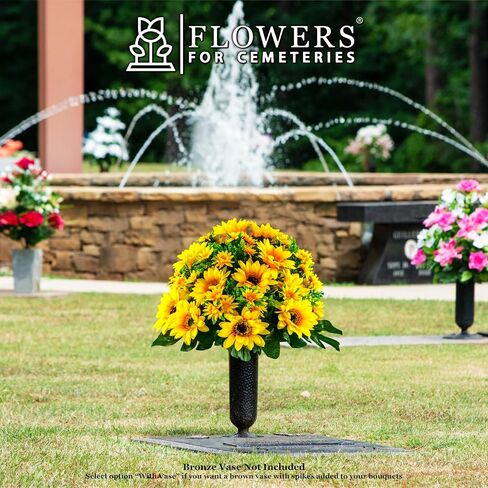 Sympathy Silks Artificial Cemetery Flowers - Realistic Vibrant Sunflowers Outdoor Grave Decoration - Yellow Sunflower Bouquet for Cemetery in Saudi Arabia