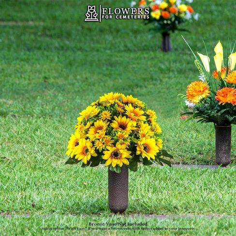 Sympathy Silks Artificial Cemetery Flowers - Realistic Vibrant Sunflowers Outdoor Grave Decoration - Yellow Sunflower Bouquet for Cemetery in Saudi Arabia