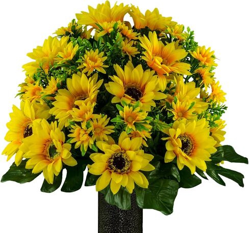 Sympathy Silks Artificial Cemetery Flowers - Realistic Vibrant Sunflowers Outdoor Grave Decoration - Yellow Sunflower Bouquet for Cemetery in Saudi Arabia