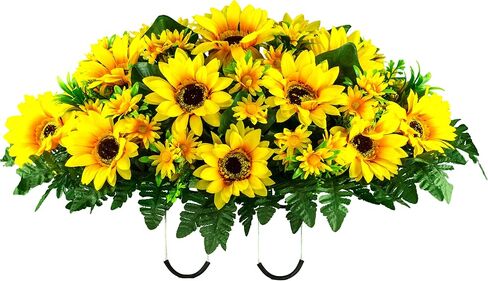 Sympathy Silks Artificial Cemetery Flowers - Realistic Vibrant Sunflowers Outdoor Grave Decoration - Yellow Sunflower Bouquet for Cemetery in Saudi Arabia