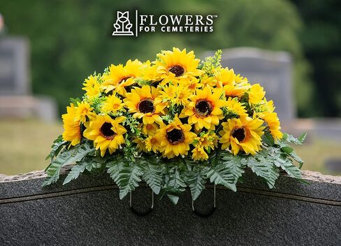 Sympathy Silks Artificial Cemetery Flowers - Realistic Vibrant Sunflowers Outdoor Grave Decoration - Yellow Sunflower Bouquet for Cemetery in Saudi Arabia