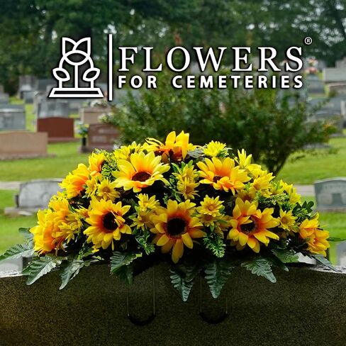 Sympathy Silks Artificial Cemetery Flowers - Realistic Vibrant Sunflowers Outdoor Grave Decoration - Yellow Sunflower Bouquet for Cemetery in Saudi Arabia