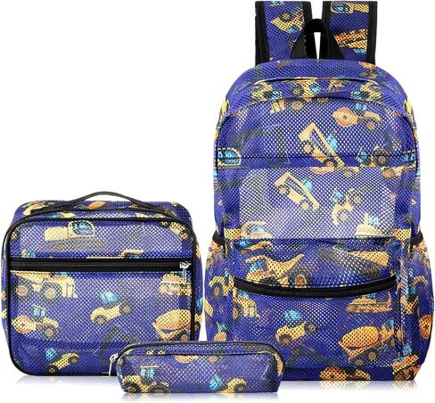 3 Pack Mesh Backpack for Kids with Lunch Bag and Pencil Case Boys Girls School Travel Beach Gym Sports Bookbag(Excavator) in Saudi Arabia
