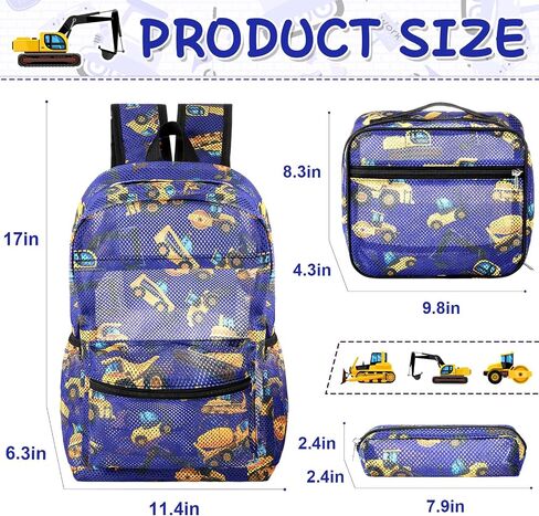 3 Pack Mesh Backpack for Kids with Lunch Bag and Pencil Case Boys Girls School Travel Beach Gym Sports Bookbag(Excavator) in Saudi Arabia