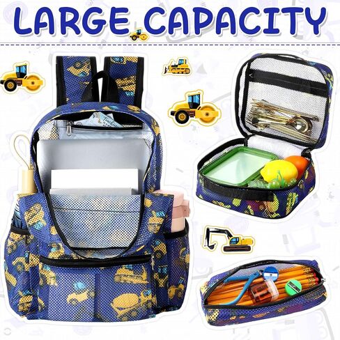 3 Pack Mesh Backpack for Kids with Lunch Bag and Pencil Case Boys Girls School Travel Beach Gym Sports Bookbag(Excavator) in Saudi Arabia