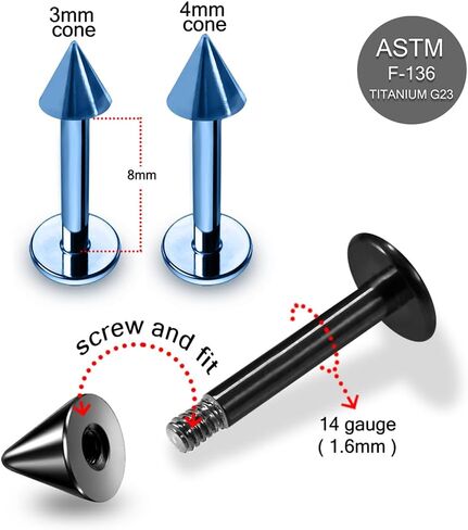 Anodized G23 Grade Titanium 14 Gauge Lip Labret with Cone - Tragus Bar Piercing - Helix, Cartilage Labret Stud - Tragus Piercing Jewelry in Saudi Arabia
