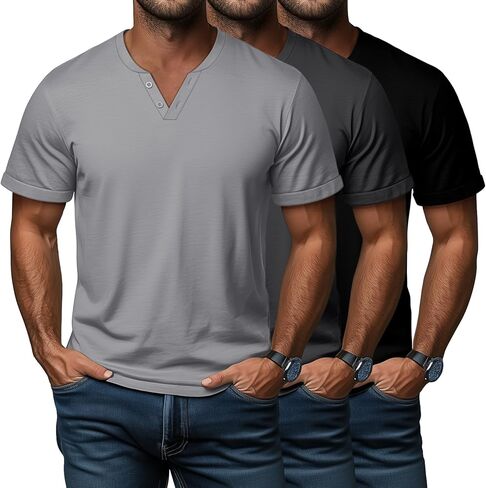 Huukeay 3 Pack Big and Tall Men's Short Sleeve Henley T Shirts Cotton Summer Casual Basic Tee Button Lightweight Stretch Top in Saudi Arabia