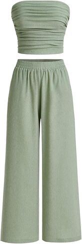 WDIRARA Women's 2 Piece Set Ruched Strapless Tube Top Wide Leg Pants Outfits in Saudi Arabia