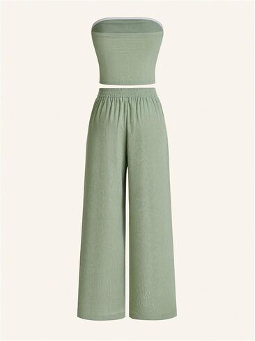 WDIRARA Women's 2 Piece Set Ruched Strapless Tube Top Wide Leg Pants Outfits in Saudi Arabia