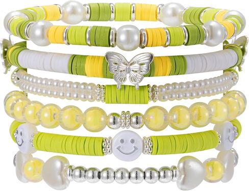 Besydec Jewelry,Heishi Surfer Bracelet Set,Preppy Stuff,Charm Beaded Bracelets,Aesthetic Gifts for Women in Saudi Arabia