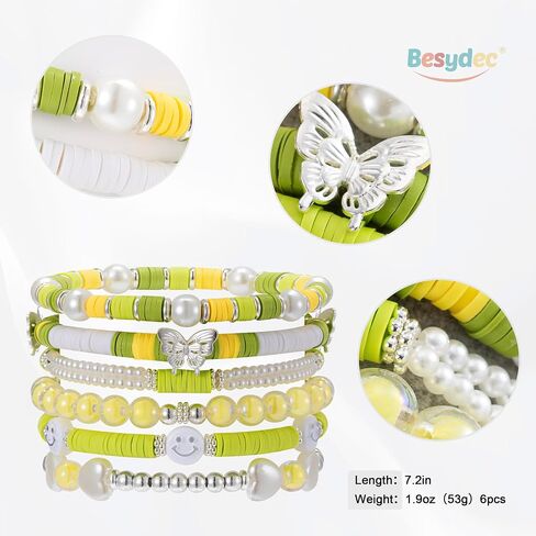 Besydec Jewelry,Heishi Surfer Bracelet Set,Preppy Stuff,Charm Beaded Bracelets,Aesthetic Gifts for Women in Saudi Arabia
