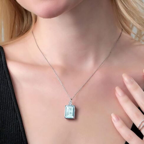 Gem Stone King 925 Sterling Silver Gemstone Birthstone and White Topaz Pendant Necklace for Women | Emerald Cut 18X13MM and Round 4MM | With 18 Inch Chain | Fine Jewelry for Her Mom Wife in Saudi Arabia