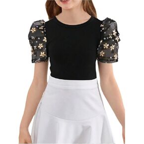 Girl's Floral Embroidery Mesh Tops T Shirt Puff Sleeve Crew Neck Slim Fit Elegant Summer Tees in Saudi Arabia