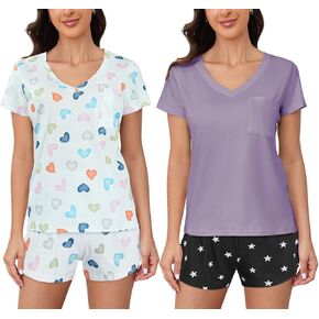 Ventelan 2 Pack Womens Pajama مجموعات قمم قصيرة الأكمام مع شورتات مريحة PJS Lounge Sleepwear مجموعات S-2XL in Kuwait