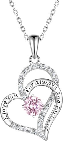 Heart Birthstone Silver Necklace for Women, S925 Sterling Silver Pendant Necklace Birthday Jewelry Gifts for Her Mother Mom Wife Girlfriend in Saudi Arabia