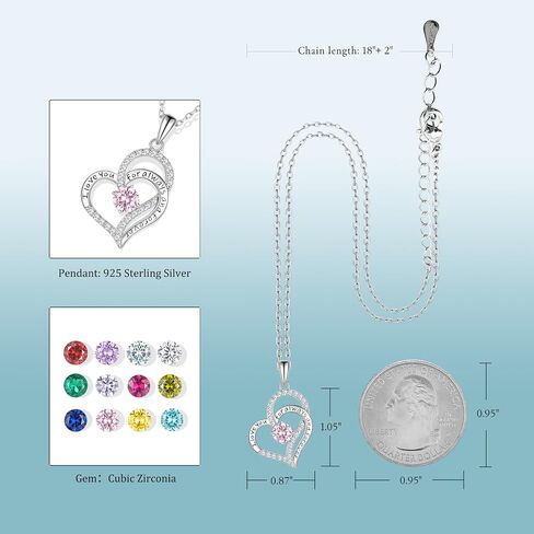 Heart Birthstone Silver Necklace for Women, S925 Sterling Silver Pendant Necklace Birthday Jewelry Gifts for Her Mother Mom Wife Girlfriend in Saudi Arabia