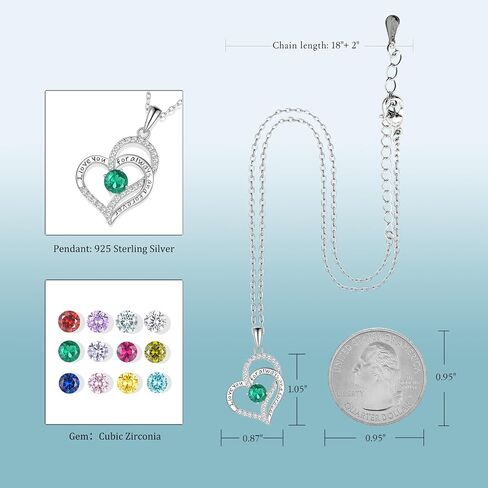 Heart Birthstone Silver Necklace for Women, S925 Sterling Silver Pendant Necklace Birthday Jewelry Gifts for Her Mother Mom Wife Girlfriend in Saudi Arabia