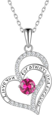 Heart Birthstone Silver Necklace for Women, S925 Sterling Silver Pendant Necklace Birthday Jewelry Gifts for Her Mother Mom Wife Girlfriend in Saudi Arabia