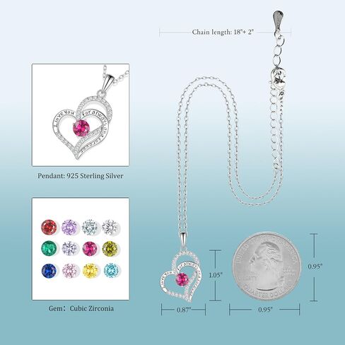Heart Birthstone Silver Necklace for Women, S925 Sterling Silver Pendant Necklace Birthday Jewelry Gifts for Her Mother Mom Wife Girlfriend in Saudi Arabia