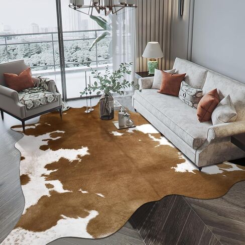 Pettop Luxury Faux Cowhide Rug 4.6x5.2 Feet - Western Cow Print Area Rugs for Living Room, Bedroom, Farmhouse - Premium Western Style Faux Fur Carpet, Non-Slip Animal Hide Throw Rugs (Caramel) in Kuwait