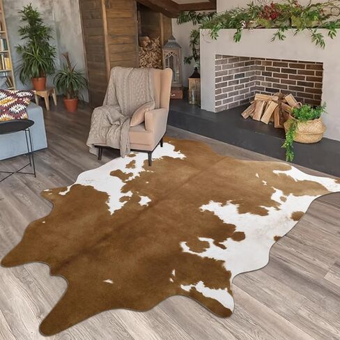 Pettop Luxury Faux Cowhide Rug 4.6x5.2 Feet - Western Cow Print Area Rugs for Living Room, Bedroom, Farmhouse - Premium Western Style Faux Fur Carpet, Non-Slip Animal Hide Throw Rugs (Caramel) in Kuwait