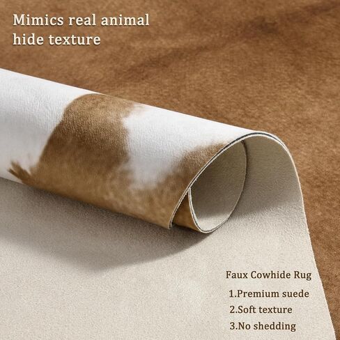Pettop Luxury Faux Cowhide Rug 4.6x5.2 Feet - Western Cow Print Area Rugs for Living Room, Bedroom, Farmhouse - Premium Western Style Faux Fur Carpet, Non-Slip Animal Hide Throw Rugs (Caramel) in Kuwait