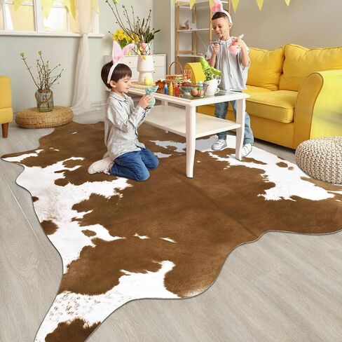 Pettop Luxury Faux Cowhide Rug 4.6x5.2 Feet - Western Cow Print Area Rugs for Living Room, Bedroom, Farmhouse - Premium Western Style Faux Fur Carpet, Non-Slip Animal Hide Throw Rugs (Caramel) in Kuwait