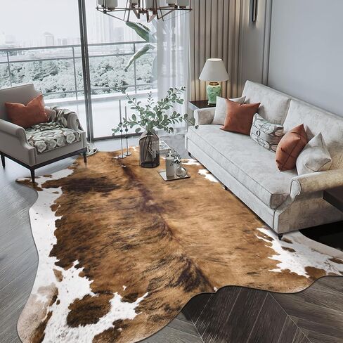 Pettop Luxury Faux Cowhide Rug 4.6x5.2 Feet - Western Cow Print Area Rugs for Living Room, Bedroom, Farmhouse - Premium Western Style Faux Fur Carpet, Non-Slip Animal Hide Throw Rugs (Caramel) in Kuwait