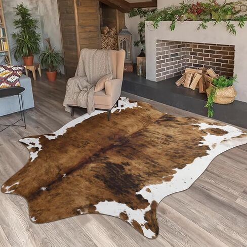 Pettop Luxury Faux Cowhide Rug 4.6x5.2 Feet - Western Cow Print Area Rugs for Living Room, Bedroom, Farmhouse - Premium Western Style Faux Fur Carpet, Non-Slip Animal Hide Throw Rugs (Caramel) in Kuwait