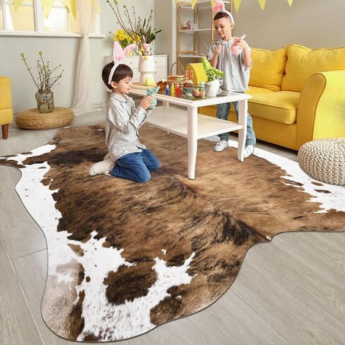 Pettop Luxury Faux Cowhide Rug 4.6x5.2 Feet - Western Cow Print Area Rugs for Living Room, Bedroom, Farmhouse - Premium Western Style Faux Fur Carpet, Non-Slip Animal Hide Throw Rugs (Caramel) in Kuwait