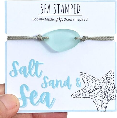 Ocean Blue Sea Glass Adjustable Bracelet-Made From Recycled Glass-Light Blue Free Form Sea Glass Piece with Waterproof Gray Thread-Unique Gift in Kuwait