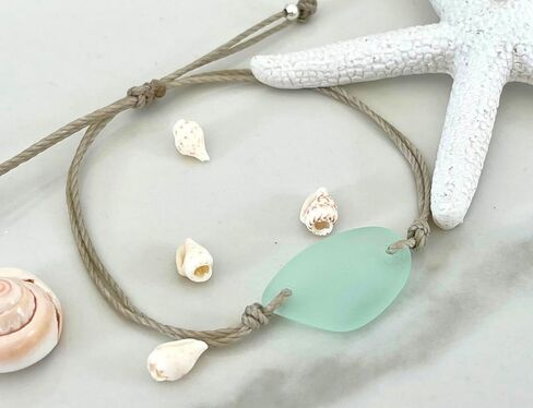 Ocean Blue Sea Glass Adjustable Bracelet-Made From Recycled Glass-Light Blue Free Form Sea Glass Piece with Waterproof Gray Thread-Unique Gift in Kuwait