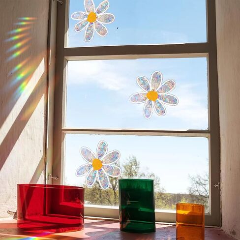 3pcs الزهور ملصقات Suncatchers لملصقات النوافذ الزجاجية لامعة قوس قوس قزح النافذة كربات لضربات الطيور الساحرة شارات نافذة ديزي الساحرة لضربات الطيور المنشورة القابلة لإعادة الاستخدام (الزهور) in Kuwait
