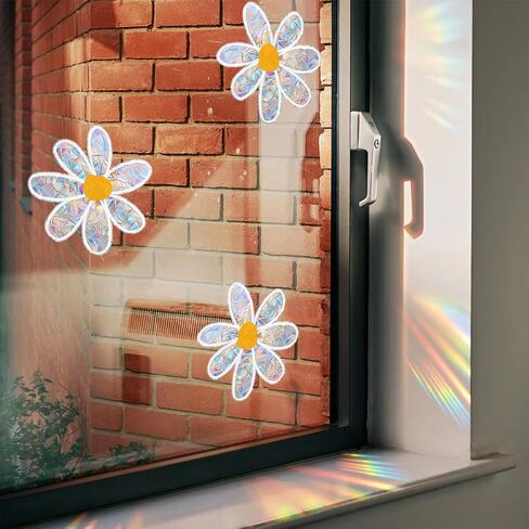3pcs الزهور ملصقات Suncatchers لملصقات النوافذ الزجاجية لامعة قوس قوس قزح النافذة كربات لضربات الطيور الساحرة شارات نافذة ديزي الساحرة لضربات الطيور المنشورة القابلة لإعادة الاستخدام (الزهور) in Kuwait