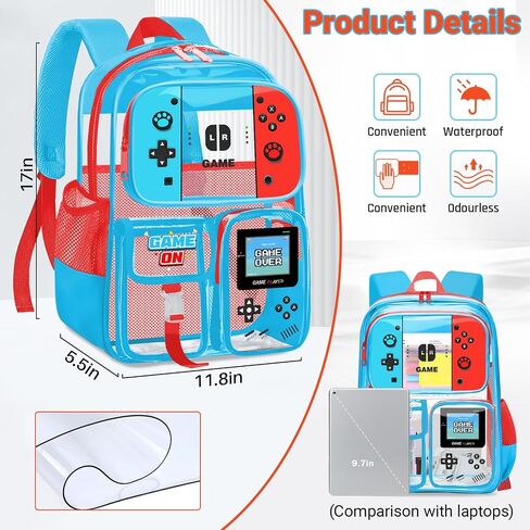 حقيبة ظهر واضحة للأولاد - Gamer Kids Clear Bookbag للمدرسة ، انظر كبير من خلال حقيبة الظهر PVC لأحداث الاستاد ، والسفر ، والكلية ، والعمل in Kuwait