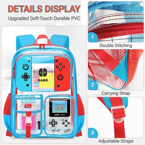 حقيبة ظهر واضحة للأولاد - Gamer Kids Clear Bookbag للمدرسة ، انظر كبير من خلال حقيبة الظهر PVC لأحداث الاستاد ، والسفر ، والكلية ، والعمل in Kuwait
