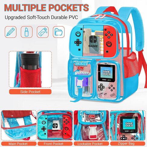 حقيبة ظهر واضحة للأولاد - Gamer Kids Clear Bookbag للمدرسة ، انظر كبير من خلال حقيبة الظهر PVC لأحداث الاستاد ، والسفر ، والكلية ، والعمل in Kuwait