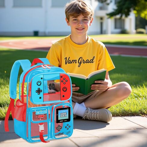 حقيبة ظهر واضحة للأولاد - Gamer Kids Clear Bookbag للمدرسة ، انظر كبير من خلال حقيبة الظهر PVC لأحداث الاستاد ، والسفر ، والكلية ، والعمل in Kuwait