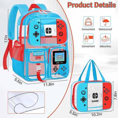 حقيبة ظهر واضحة للأولاد - Gamer Kids Clear Bookbag للمدرسة ، انظر كبير من خلال حقيبة الظهر PVC لأحداث الاستاد ، والسفر ، والكلية ، والعمل in Kuwait