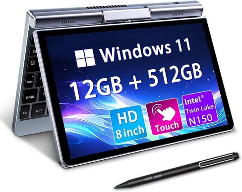 كمبيوتر محمول صغير الحجم مقاس 8 بوصات، كمبيوتر جيب دوار 2 في 1، نظام التشغيل Windows 11 Pro، معالج Intel N100 رباعي النواة، ذاكرة وصول عشوائي LPDDR5 سعة 12 جيجابايت، محرك أقراص SSD سعة 1 تيرابايت M.2، شاشة لمس عالية الدقة، شبكة WiFi 6، شبكة جيجابت إيثرنت in Kuwait