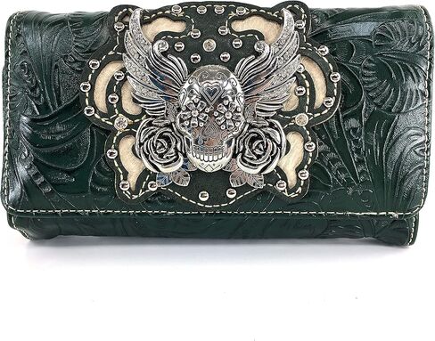 Zelris Sugar Skull Roses Angel Wing Women Crossbody Wrist Handle Trifold Wallet in Kuwait