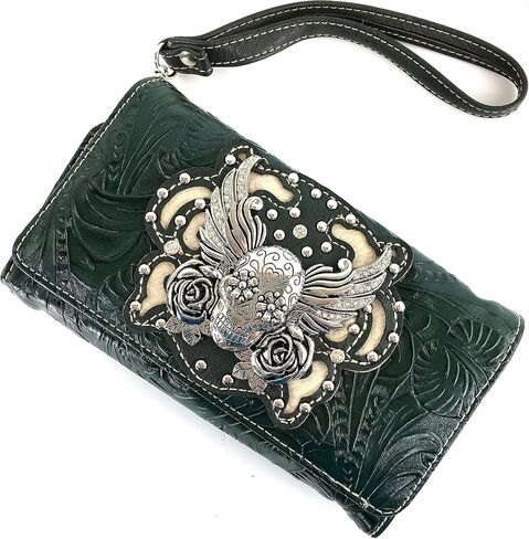 Zelris Sugar Skull Roses Angel Wing Women Crossbody Wrist Handle Trifold Wallet in Kuwait