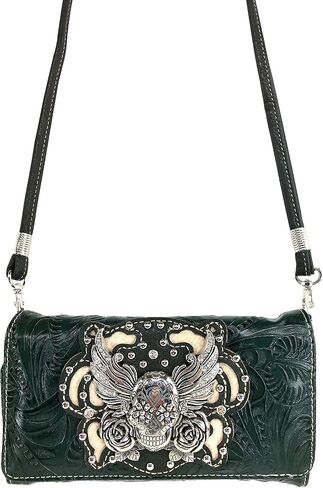 Zelris Sugar Skull Roses Angel Wing Women Crossbody Wrist Handle Trifold Wallet in Kuwait