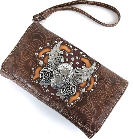 Zelris Sugar Skull Roses Angel Wing Women Crossbody Wrist Handle Trifold Wallet in Kuwait